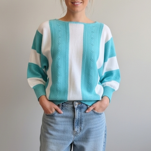 80s Vintage SEARS Teal and White Women's Knit Top 3/4 Length Sleeve Sweater - Picture 1 of 12